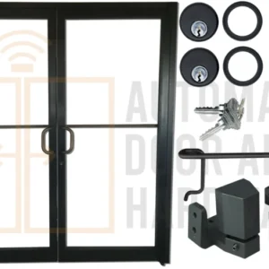 DOUBLE DOOR-MEDIUM STYLE-6070 -STD PUSH/PULL HANDLE- STD OFFSET PIVOT HING - STD Deadlock w/Cylinder - OPEN FOR 1/4" GLASS-DARK BRONZE